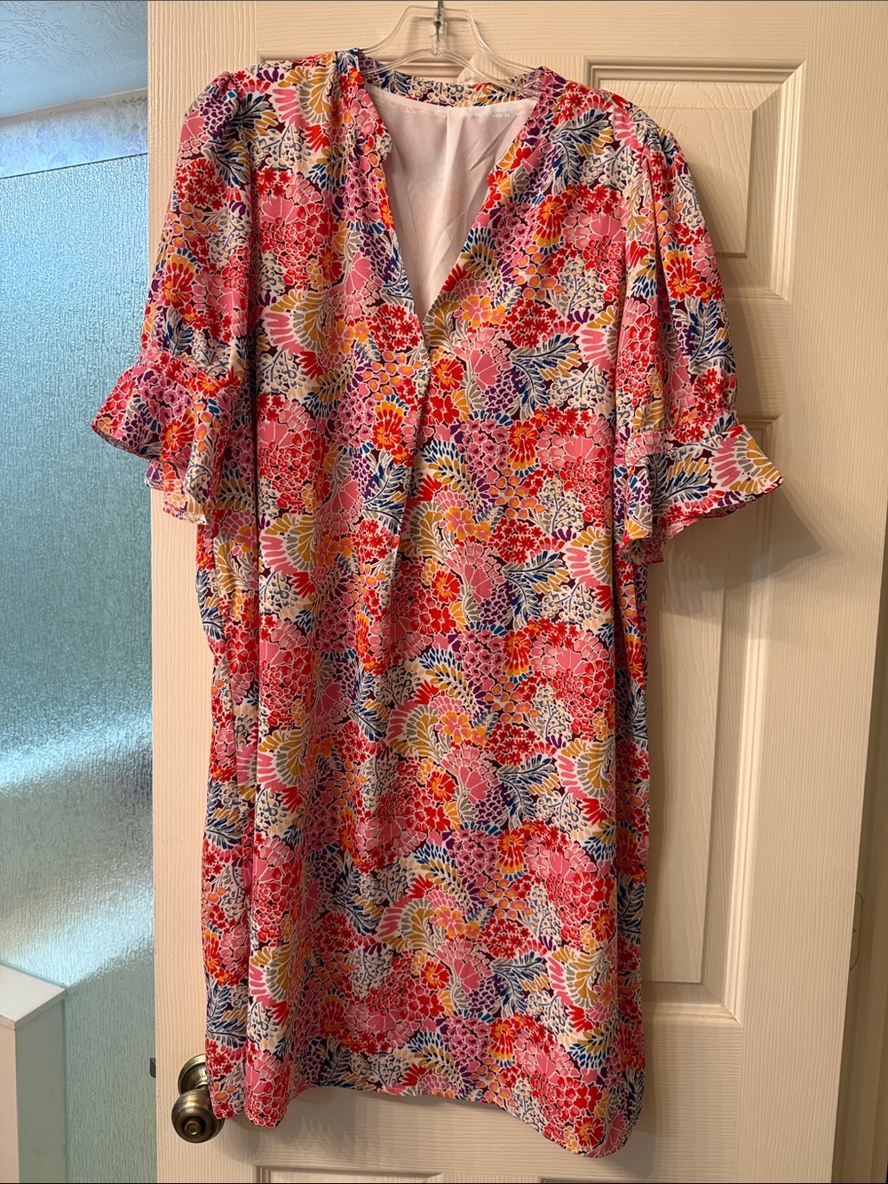 Pink Floral Midi Dress with Ruffle Sleeves